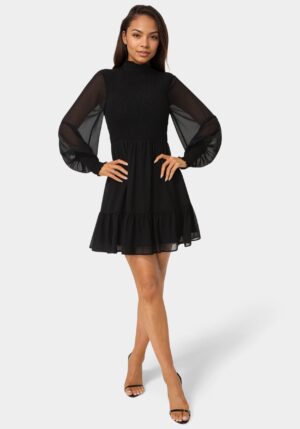 Long Sleeve Mock Neck Chifon Smocked Mini Dress